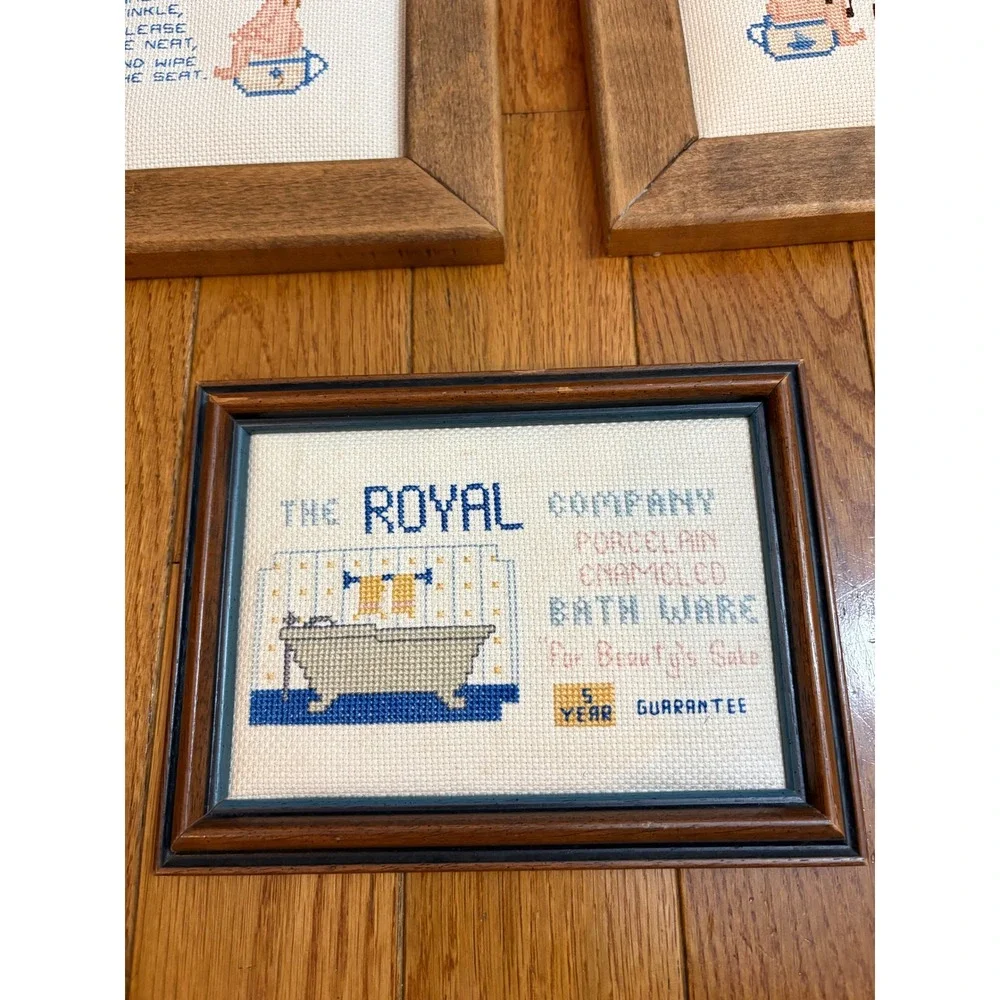 Lot‎ of 3 Vintage Framed Cross Stitch Art Bathroom Humor Toddler Dog